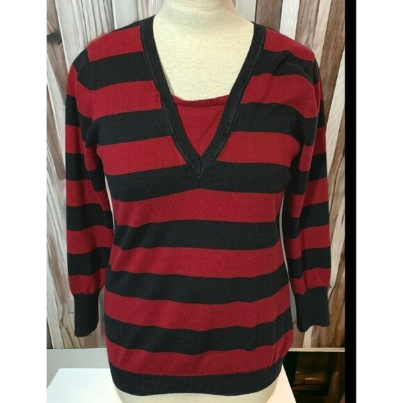 Norton McNaughton Womens Sweater Size Large Red Striped V-Neck Pullover - Picture 1 of 9
